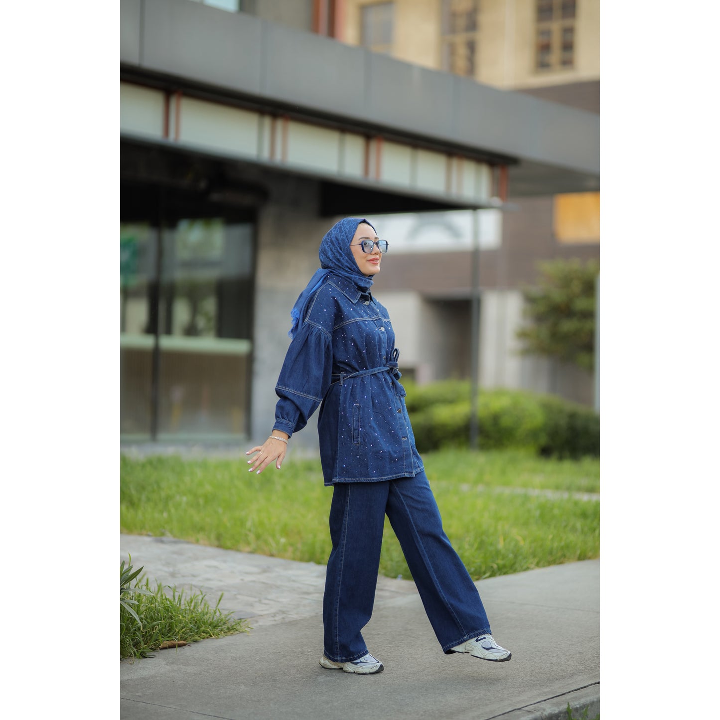 Kuşaklı Denim Takım Saks
