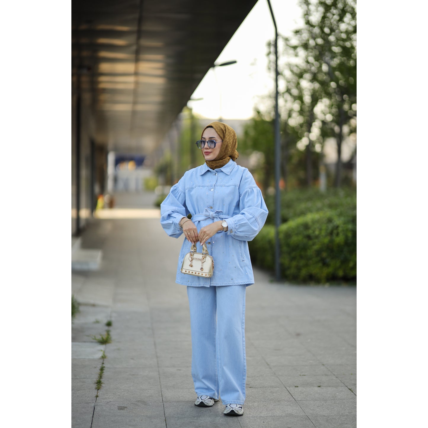 Kuşaklı Denim Takım Mavi