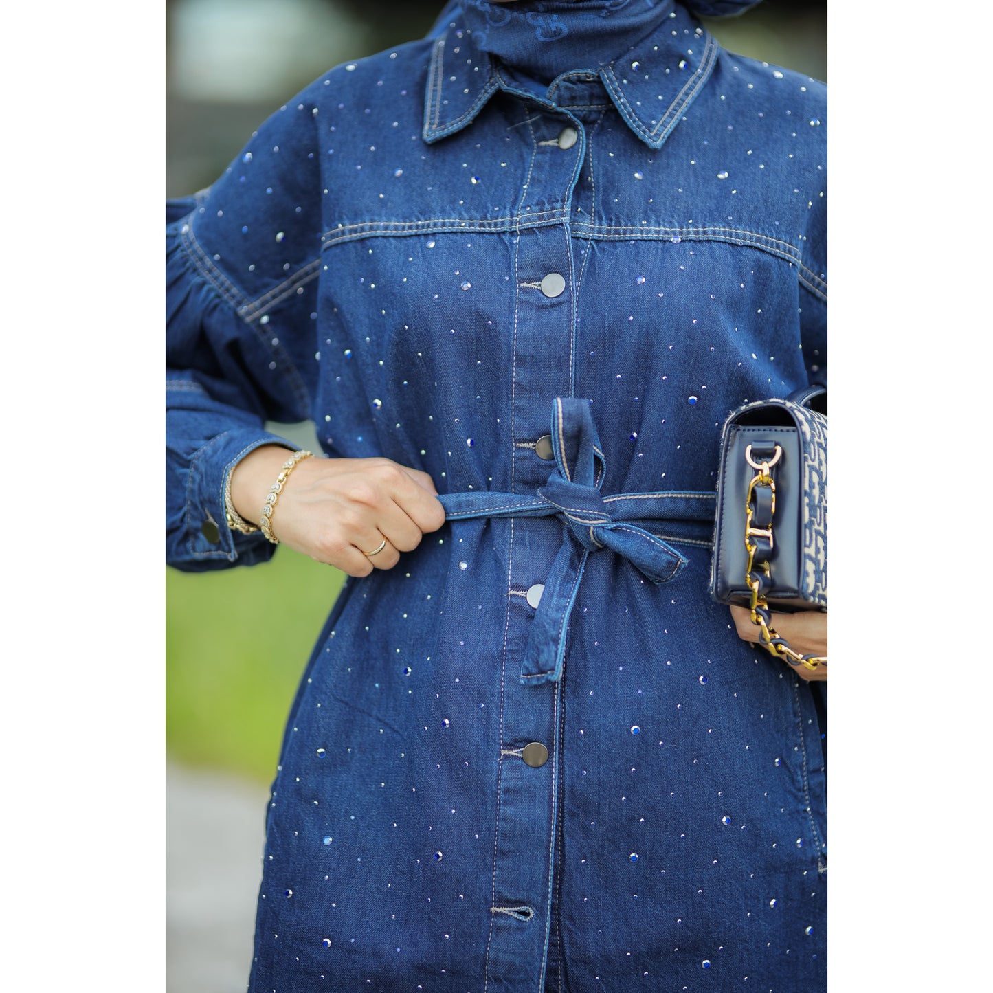 Kuşaklı Denim Takım Saks
