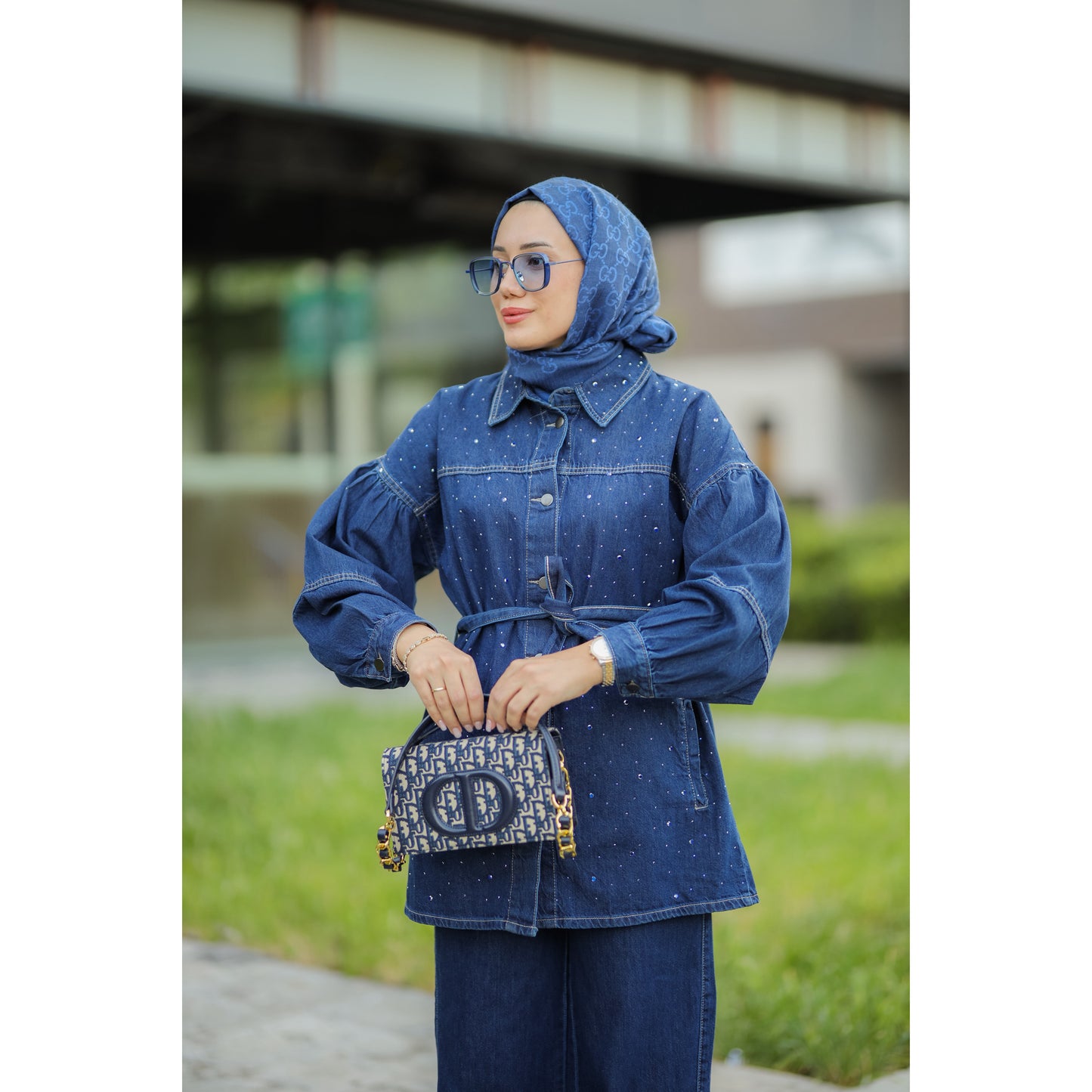 Kuşaklı Denim Takım Saks