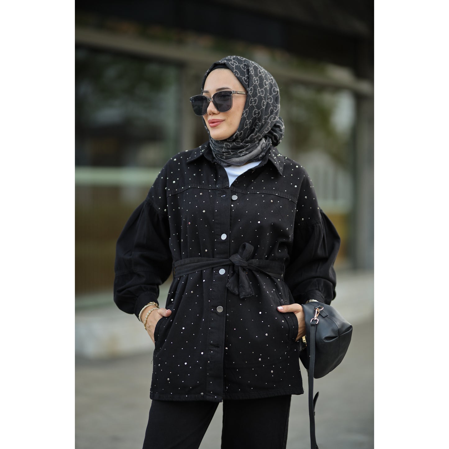 Kuşaklı Denim Takım Siyah
