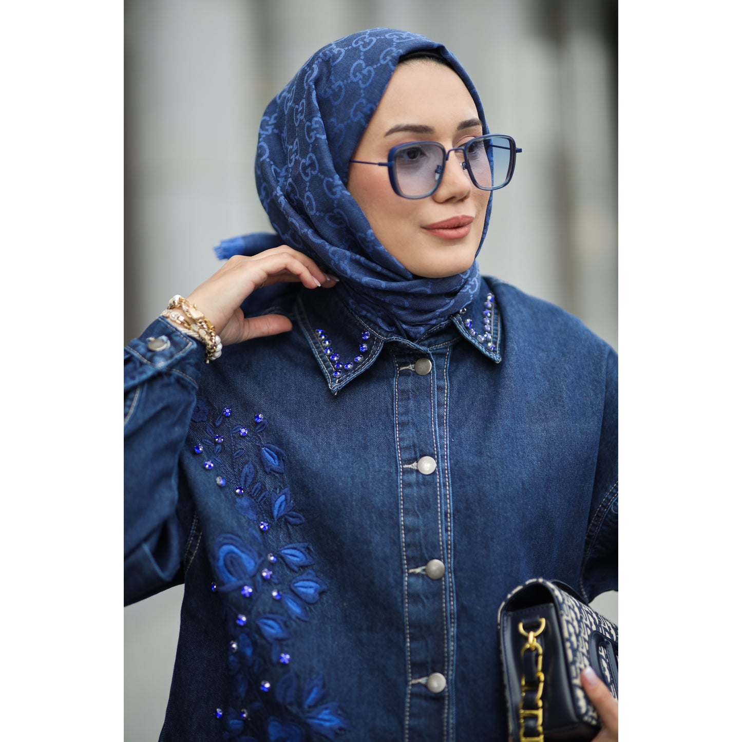 Nakışlı Denim Takım Saks
