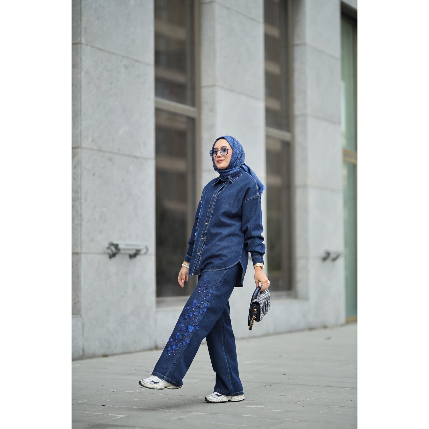 Nakışlı Denim Takım Saks