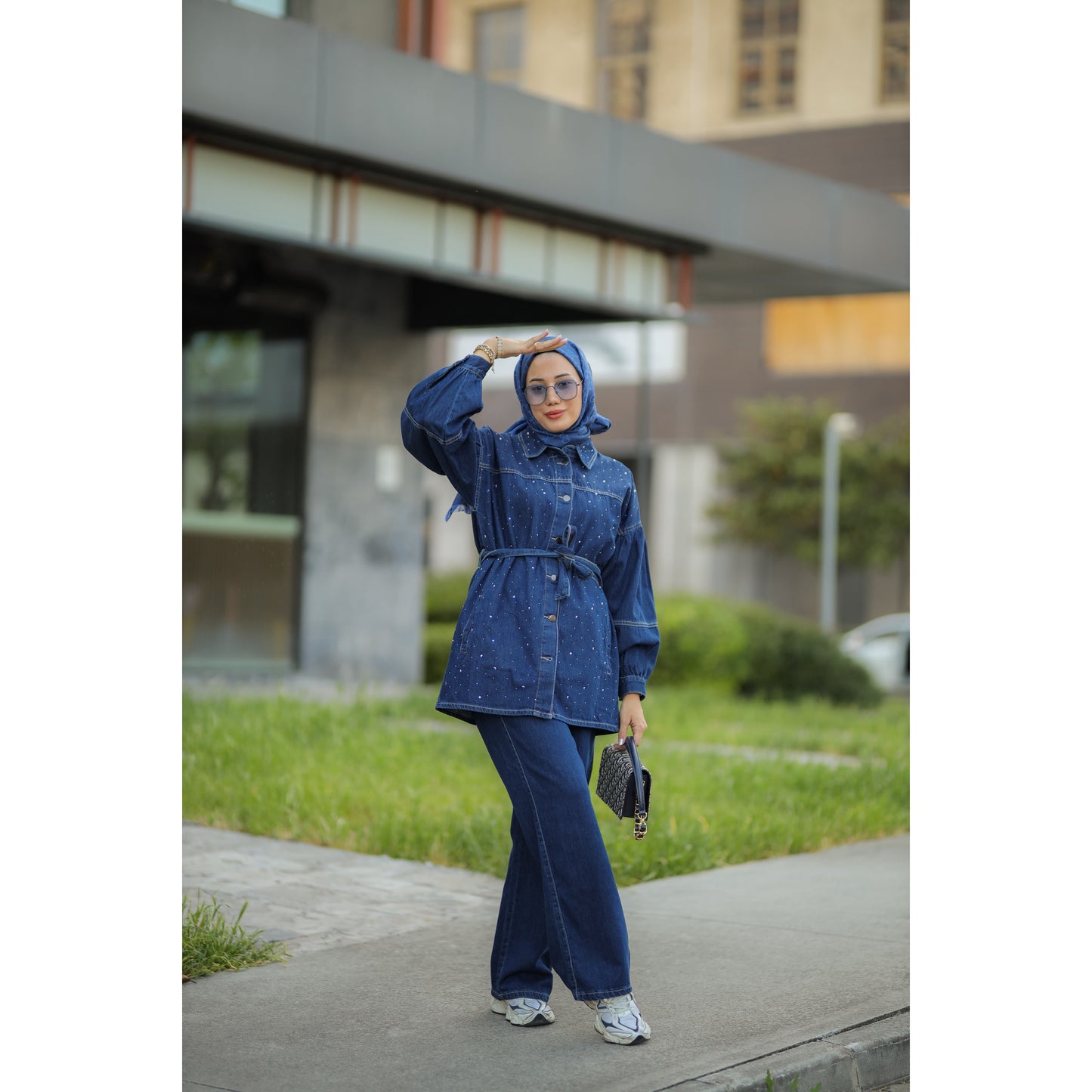 Kuşaklı Denim Takım Saks