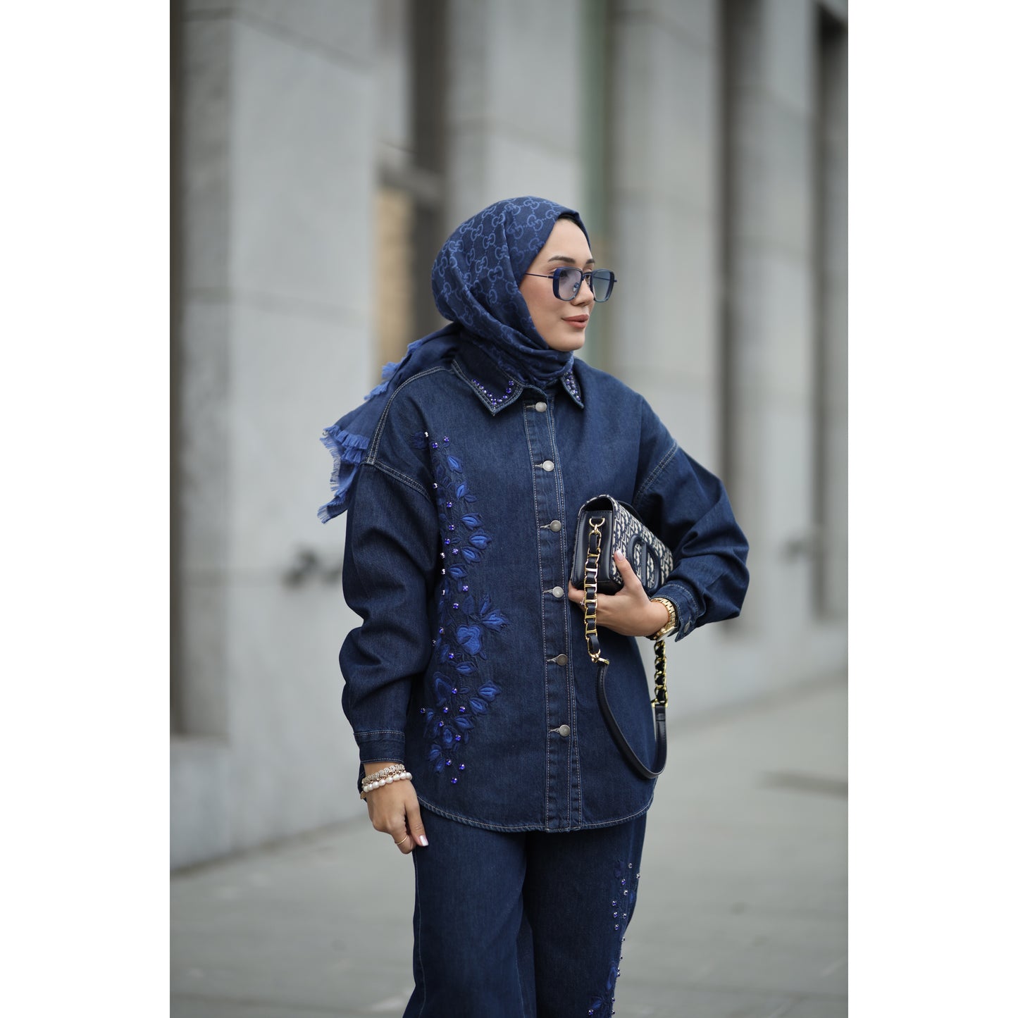 Nakışlı Denim Takım Saks