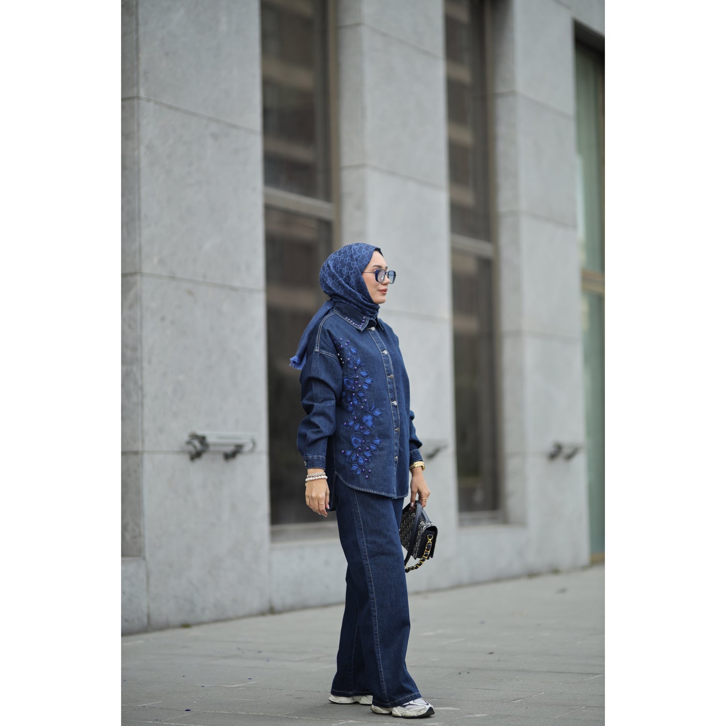 Nakışlı Denim Takım Saks