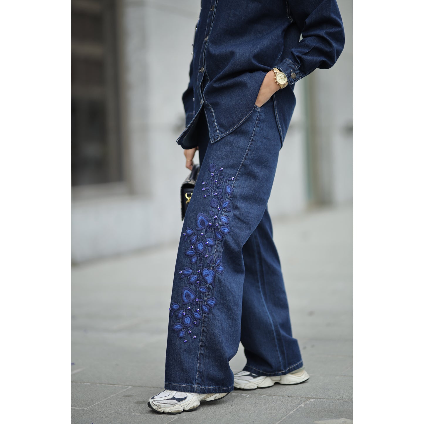 Nakışlı Denim Takım Saks