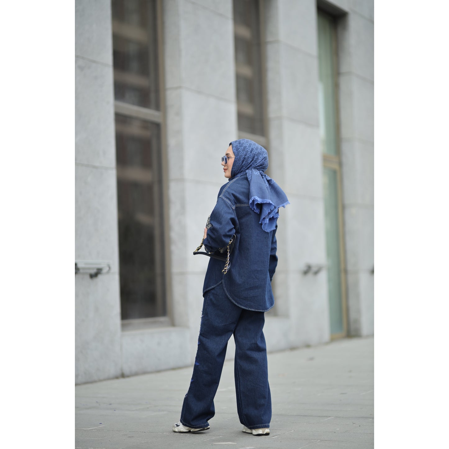 Nakışlı Denim Takım Saks