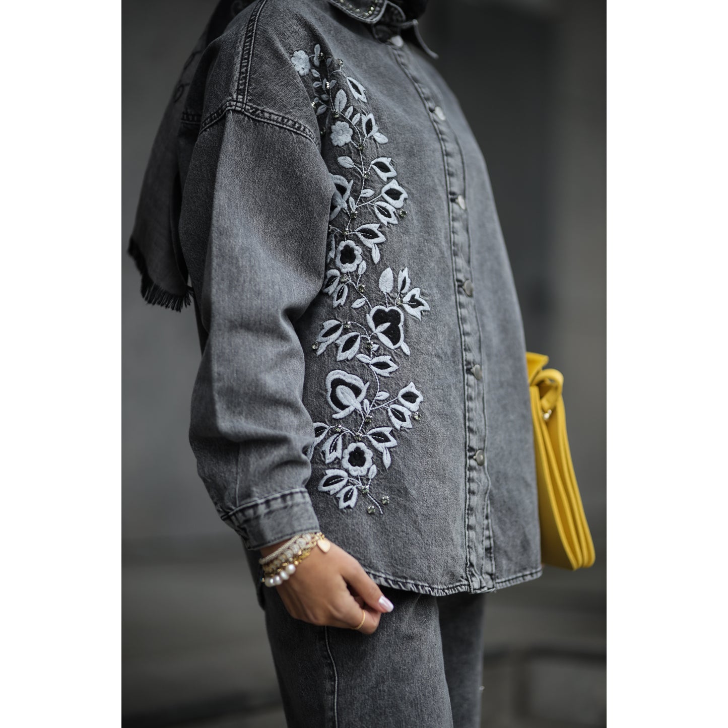 Nakışlı Denim Takım Antrasit