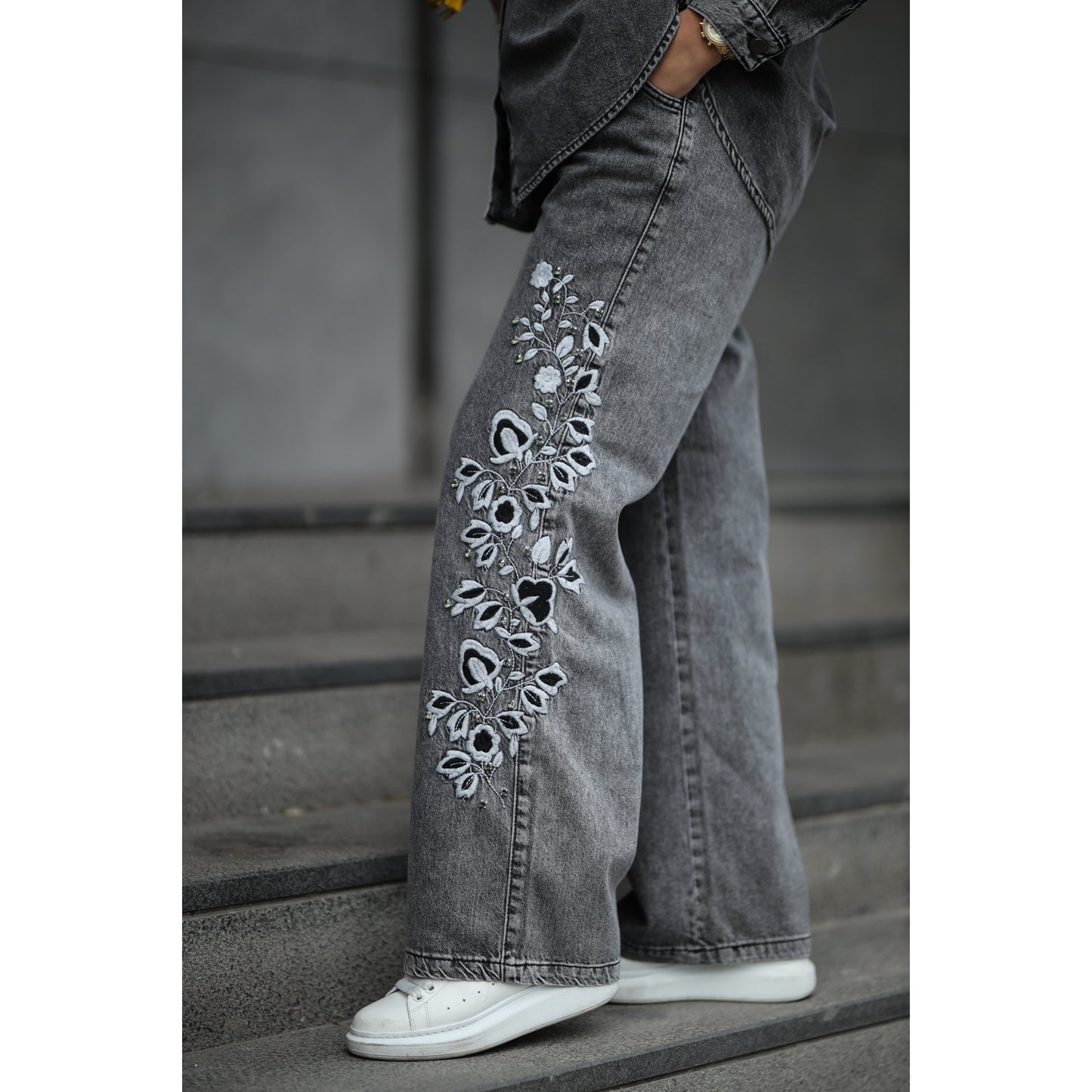 Nakışlı Denim Takım Antrasit