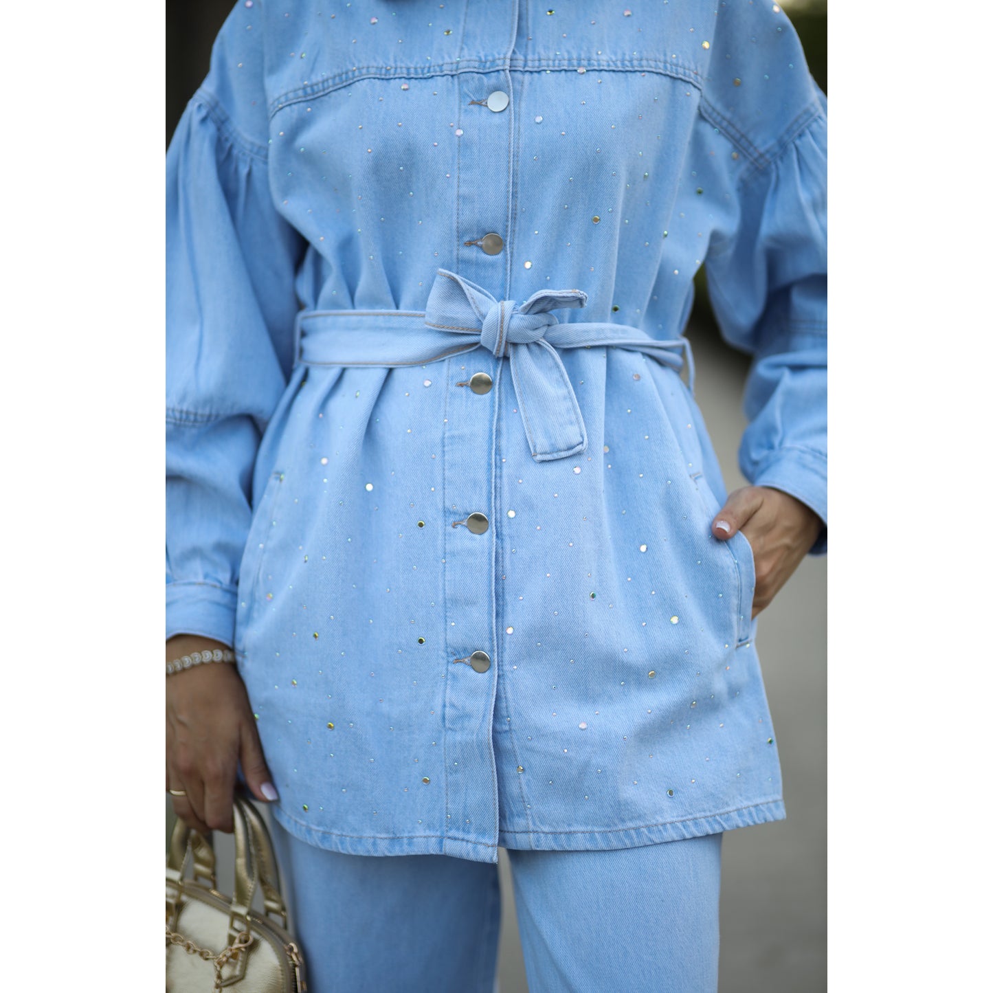 Kuşaklı Denim Takım Mavi
