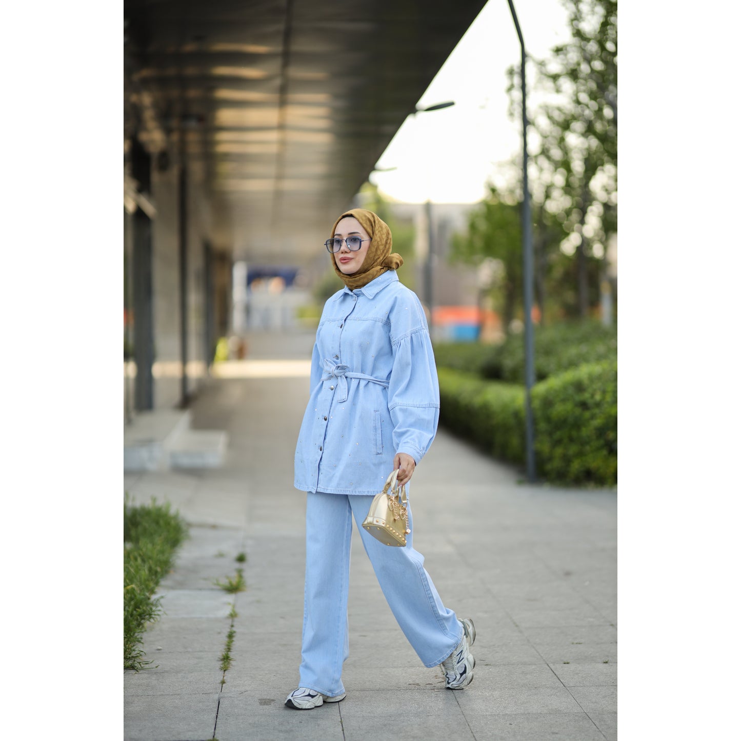 Kuşaklı Denim Takım Mavi