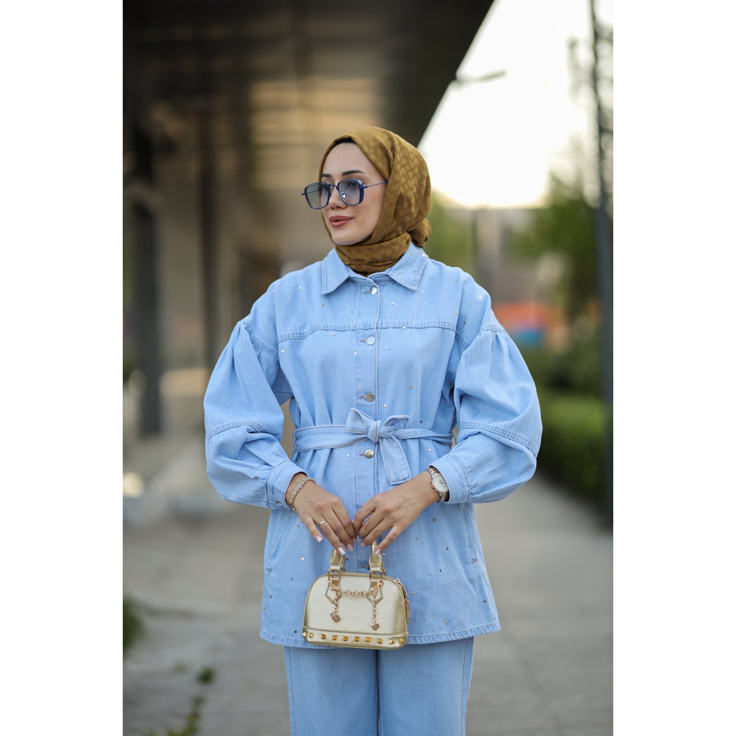Kuşaklı Denim Takım Mavi