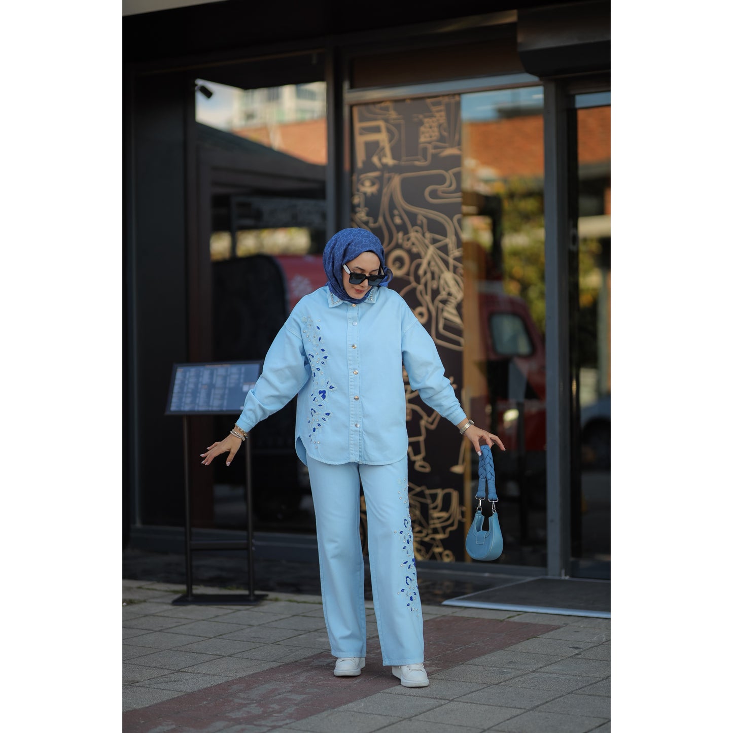 Nakışlı Denim Takım Mavi-Saks