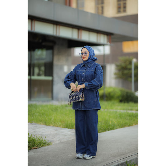 Kuşaklı Denim Takım Saks