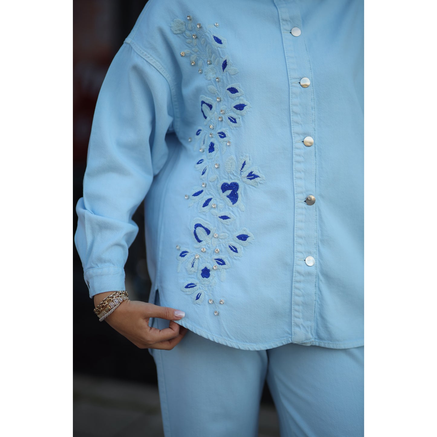 Nakışlı Denim Takım Mavi-Saks