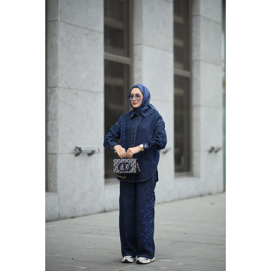 Nakışlı Denim Takım Saks