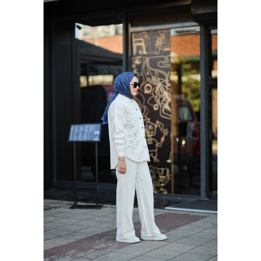 Nakışlı Denim Takım Beyaz