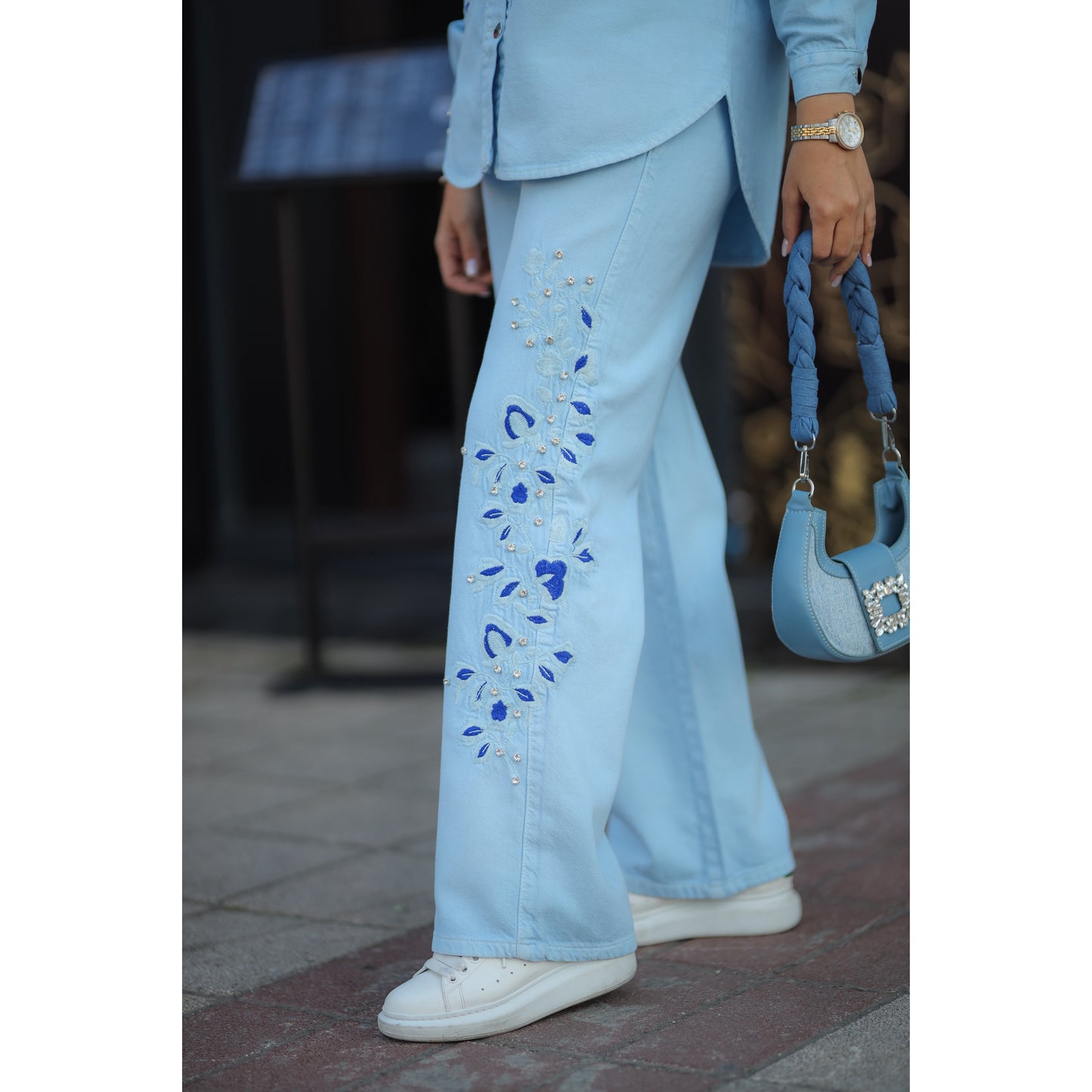 Nakışlı Denim Takım Mavi-Saks