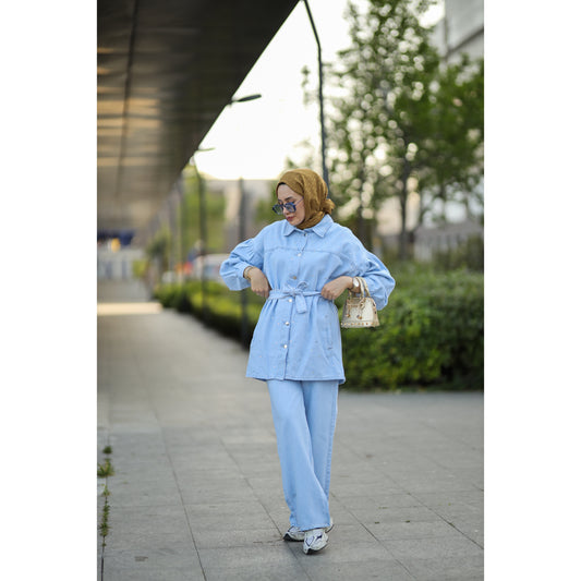 Kuşaklı Denim Takım Mavi