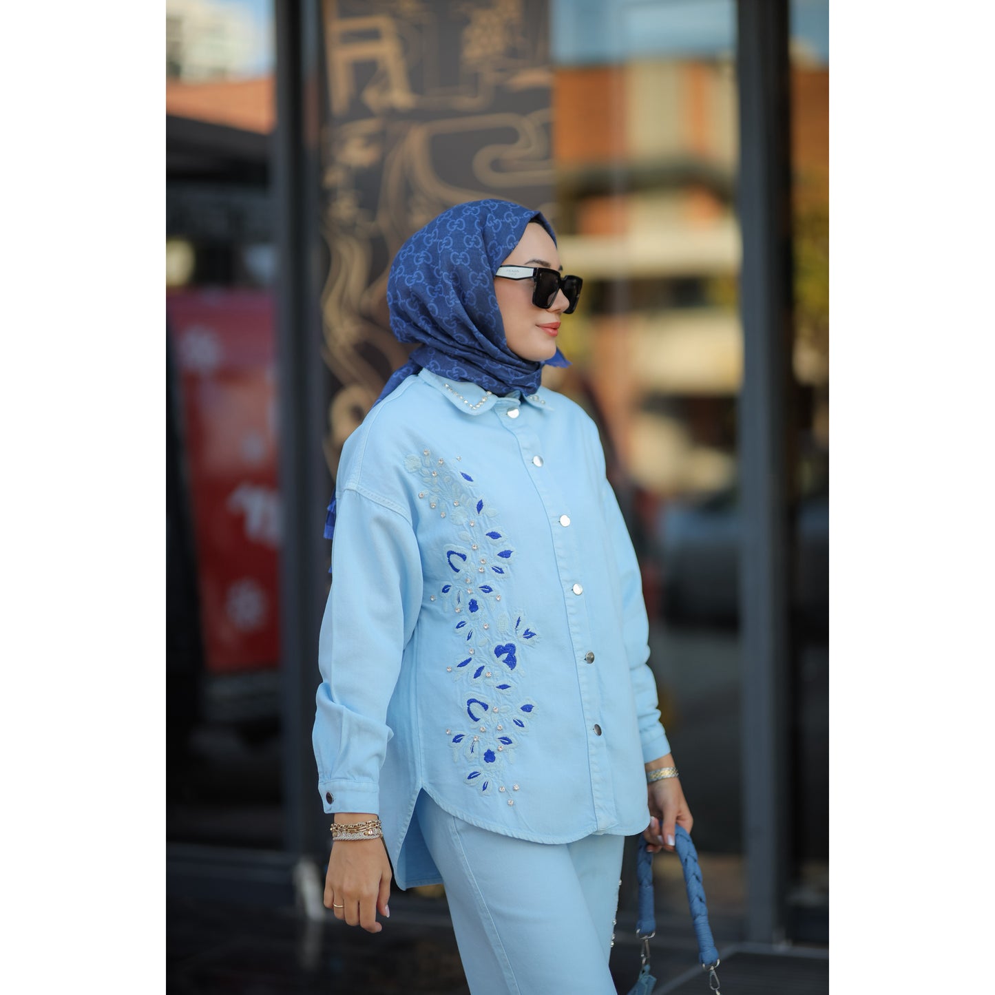 Nakışlı Denim Takım Mavi-Saks