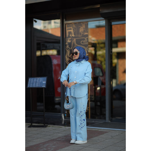 Nakışlı Denim Takım Mavi-Saks